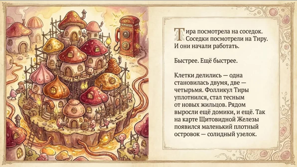 Разворот книги: фолликулы-домики разрастаются, и на карте щитовидной железы появляется плотный островок