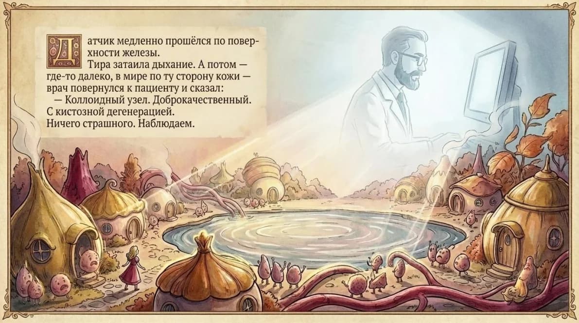 Разворот книги: врач проводит ультразвуковое исследование и объясняет, что узел доброкачественный